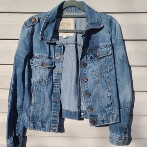 Route 66 Jacket Denim Trucker Distressed Blue Medium Cotton Buttons Pockets XS